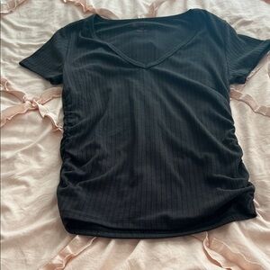 Black V-Neck Ribbed Women's Top